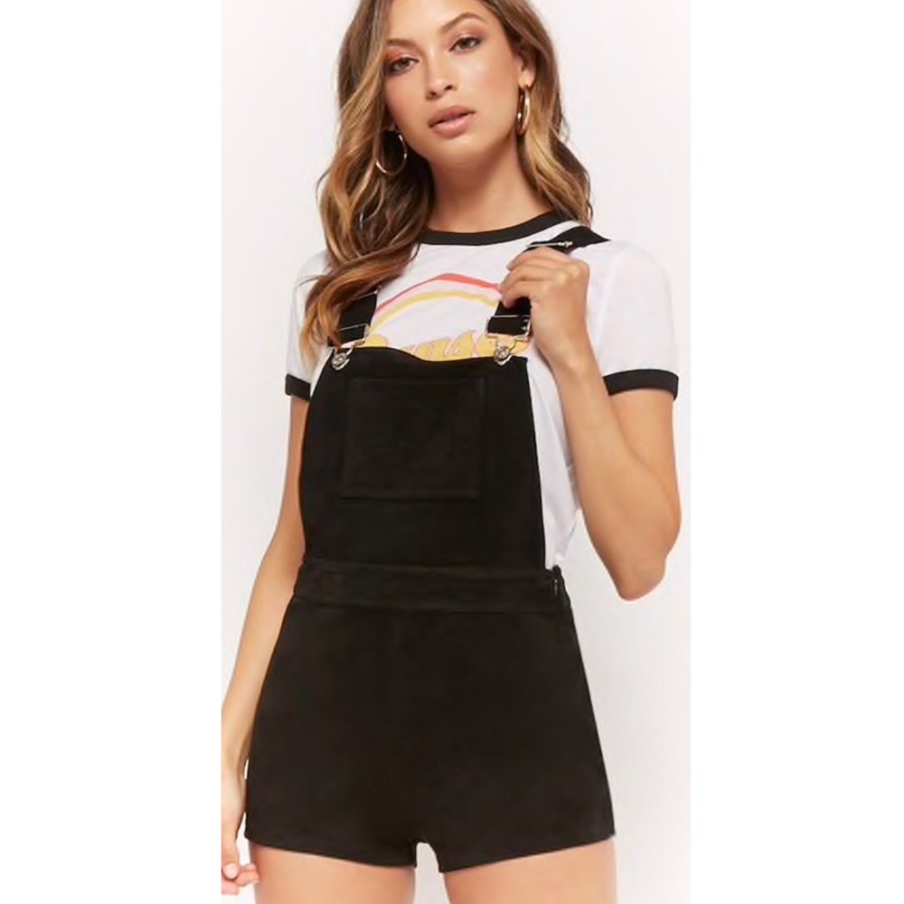 Black faux suede overalls